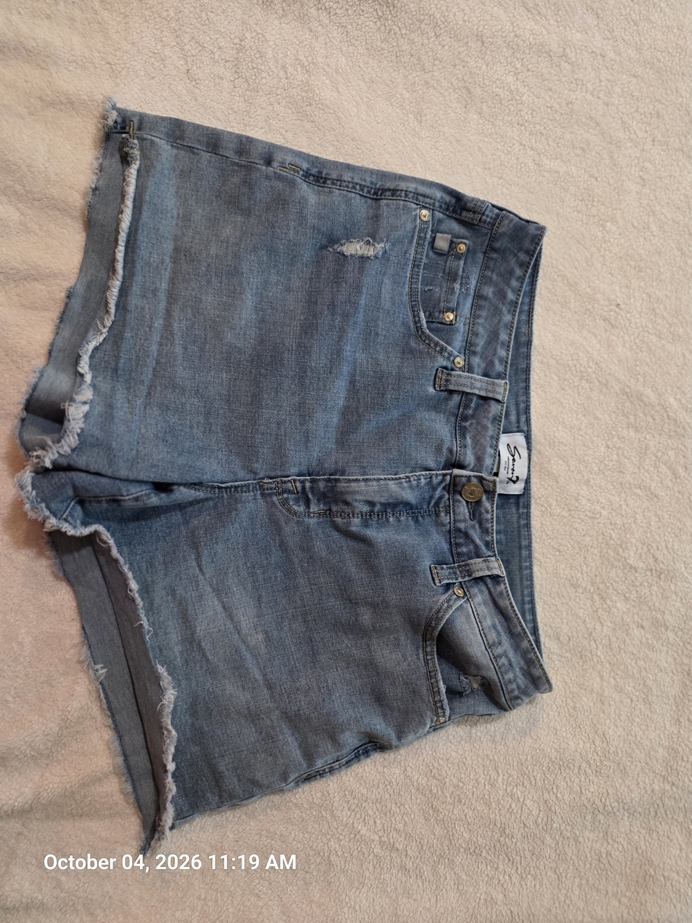 Seven7 Frayed Hem Mid Wash Denim Shorts